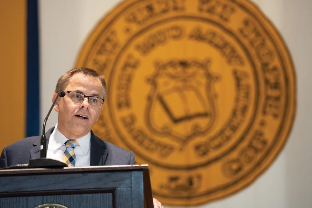 President-Elect Eric Boynton speaks to the college community during an introduction event in May, 2023.