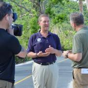 Patrick Cornbill talks to media after hurricanes hit the Virgin Islands in 2017.